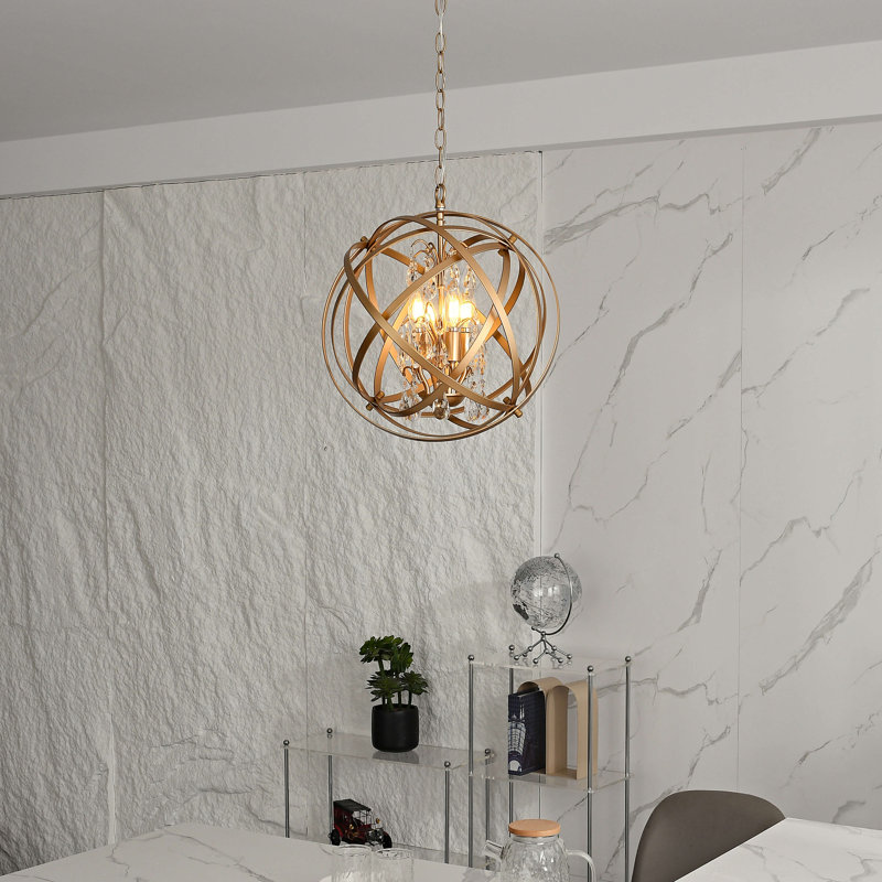 Zellner 4 - Light 16" Unique Globe Chandelier with Crystal Accents, Light Gold