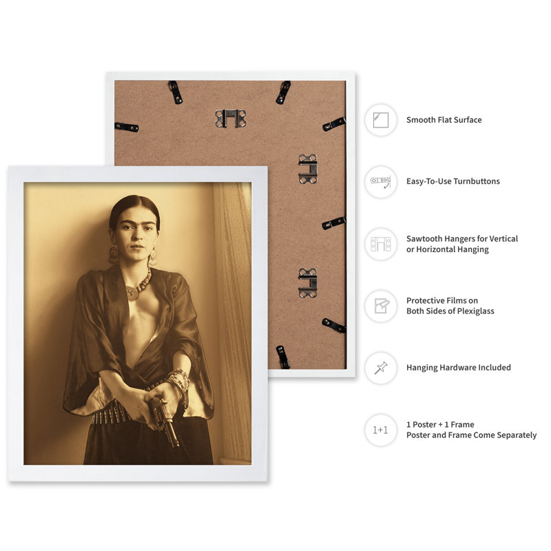 Frida Kahlo tenant une arme à feu, Poster, 24"H x 32"W, White Framed