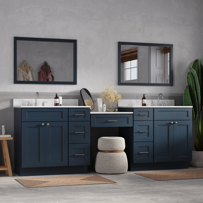 Meuble-lavabo double 96 po avec tiroir en bois massif et comptoir en quartz de Carrare, Bleu