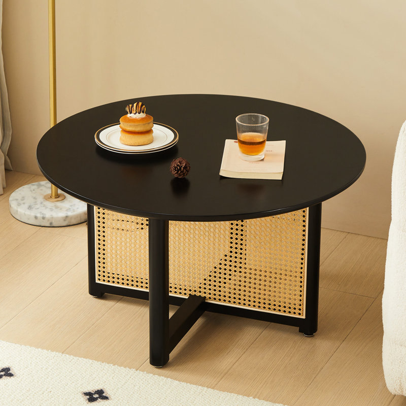 Table basse en bois massif avec support Pe Cane - Style bohémien Mid-Century rond de 31,5 pouces pour le soutien à domicile
