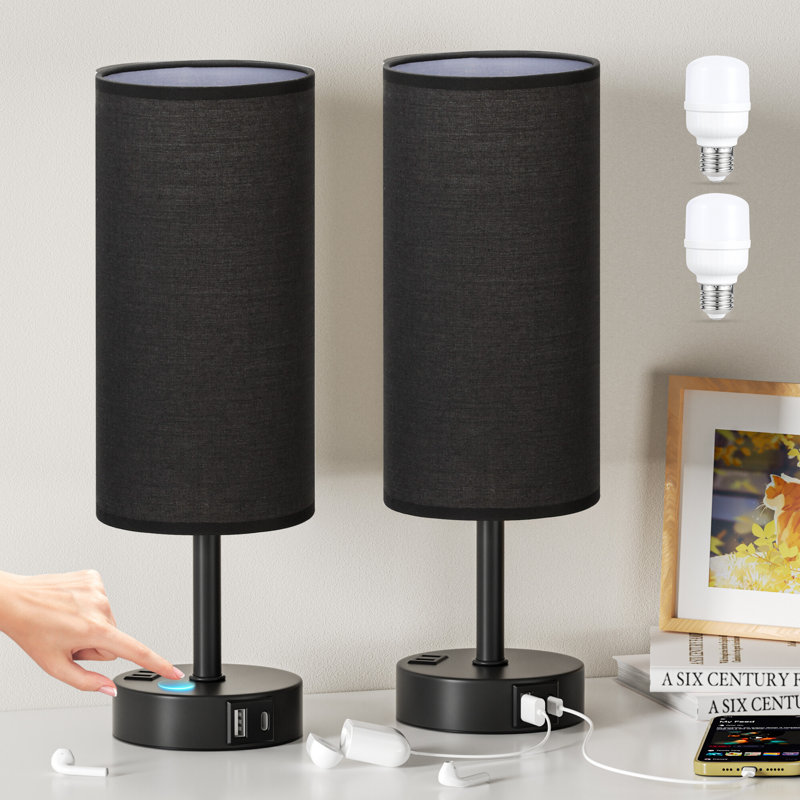 Lampe de chevet à contrôle tactile 14 po avec port de charge USB et prise de courant CA, Noir