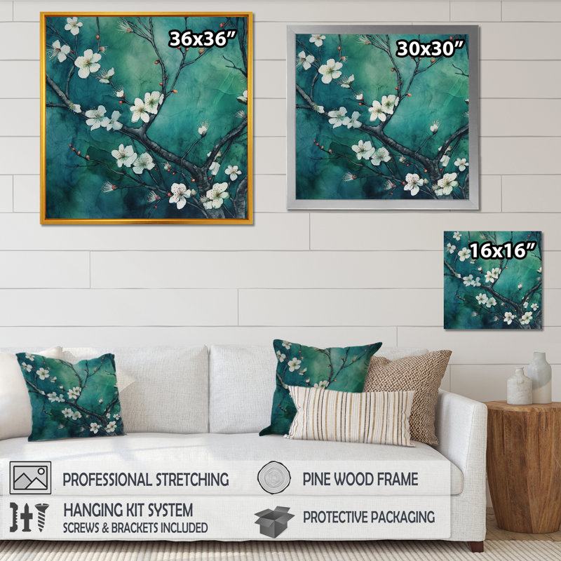 Emerald Cherry Blossoms Symphony II - Art mural de salon avec fleurs de cerisier, H 36 po x l 36 po x P 1,5 po