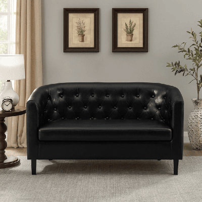 Rastus Modern Leather Loveseat for Small Spaces, Vegan Leather Button-Tufted Barrel Mid-Century Sofa for Living Rooms & Offices