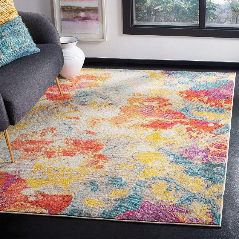 Tapis bleu / orange à motif abstrait tissé à la machine Anelis