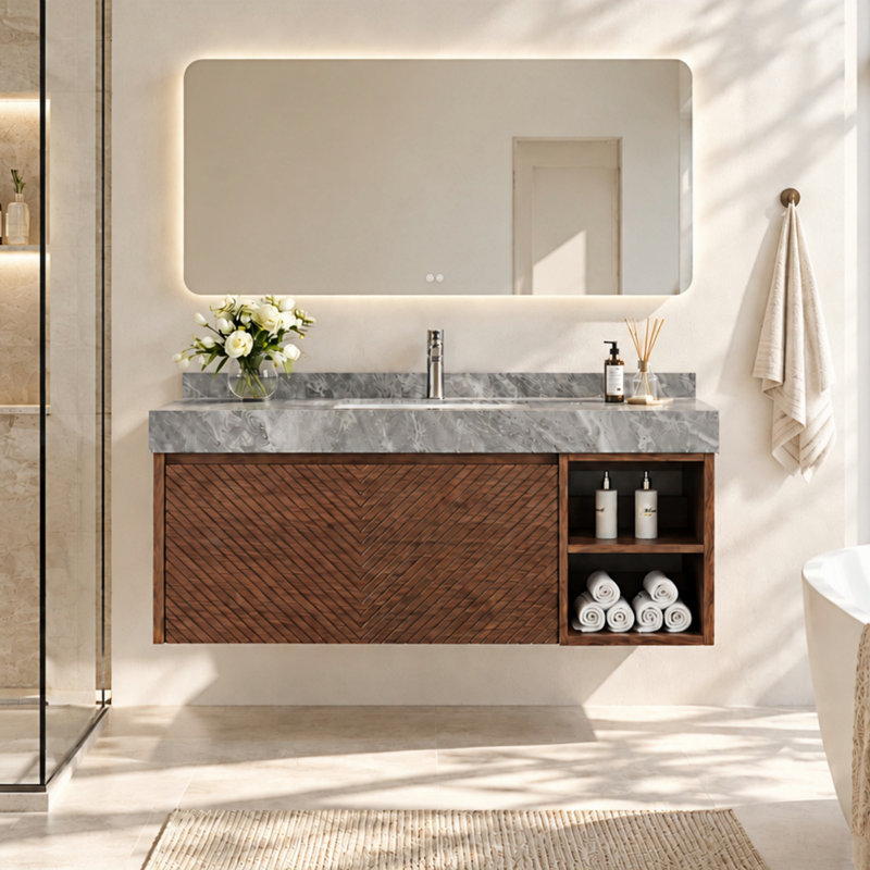 Ensemble de meuble-lavabo simple 48 po, 48 po, bois massif brun, plateau de table en pierre noire, 2 tiroirs, Black