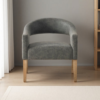 Modern Upholstered PU Open Back Accent Armchair Barrel Dining Chair With Weathered Rubberwood Legs, Hollow-Out Side Club Chair