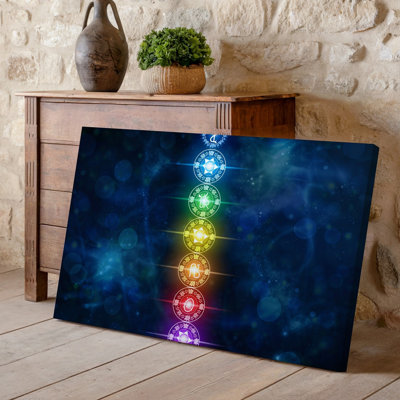 Canvas A Vibrant Ethereal Artwork Featuring A Vertical Alignment Of Intricate Wall Art Chakra Symbols Radiating With A Spectrum Of Canvas Wall Art