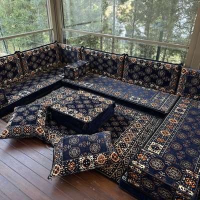 Kilim Upholstered Ottoman Sectional Sofa with Cushions
