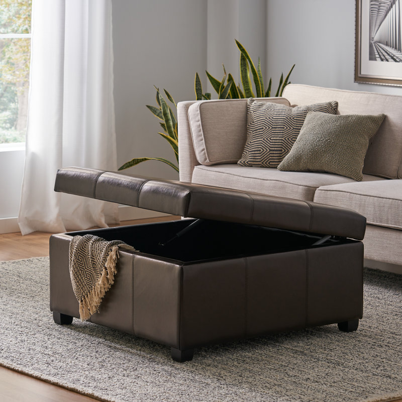 34" Wide PU Leather Tufted Square Cocktail Ottoman with Storage, Espresso