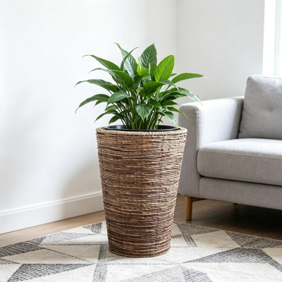 Large Wicker Banana Rope Floor Plant Stand - Tall Indoor Outdoor Decorative Holder For Entryway, Patio, Or Doorway