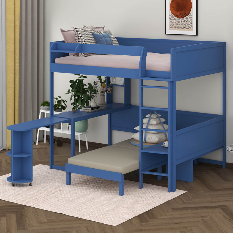 Loft Bed With Extendable Desk And Lights, Wood Loft Bed Frame With Storage Shelves & Padded Foldable Sofa, Navy Blue