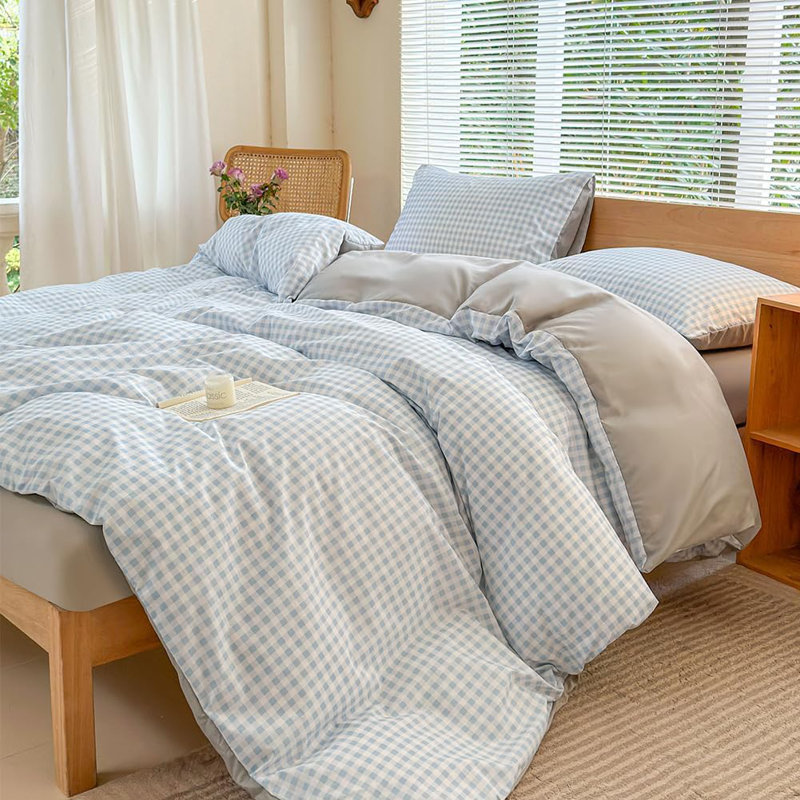 Gingham Duvet Cover Set, Grid Simple Geometric Square Pattern Comforter Cover, Soft Plaid Washed Microfiber Bedding Cover