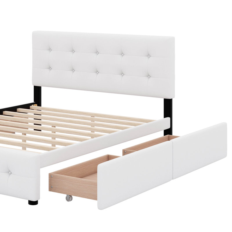 Grand lit plateforme tapissier avec tête de lit classique et 4 tiroirs, Blanc