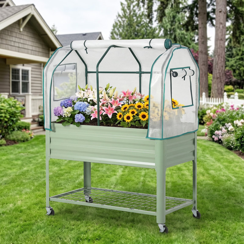 Lit de jardin surélevé mobile avec couvercle de serre - jardinière en métal galvanisé, tablette inférieure, roulettes pour faciliter le déplacement, support pour plante d'extérieur pour patio, cour arrière, balcon