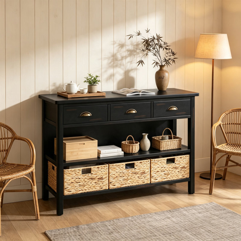 Console rétro en bois avec 3 tiroirs et 3 paniers tissés en jacinthe d'eau, armoire de vestibule pour le salon d'entrée