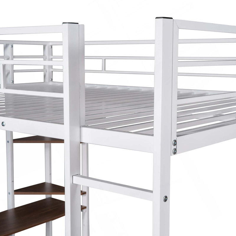 Lit mezzanine en métal avec 2 tablettes et 1 bureau, Lit double, Blanc