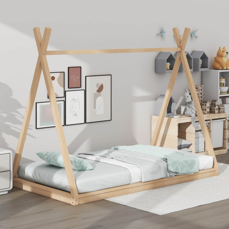 Twin Size Tent Shape Floor Bed Frame, Natural