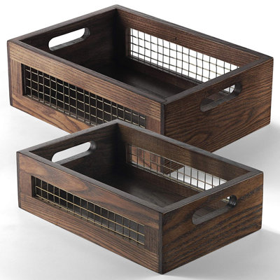 2 Pack Rustic Wooden Nesting Crates, Wall Mount Storage Baskets with Full Accessories, Multipurpose Organizer for Kitchen Pantry Bathroom Fruit Bread