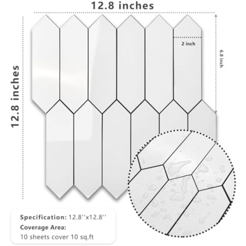Carreau de dosseret blanc lustré pelez et collez, 12,8 po x 12,8 po, 10 feuilles de mosaïque murale auto-adhésive en PVC hexagonal long pour la cuisine et la salle de bain