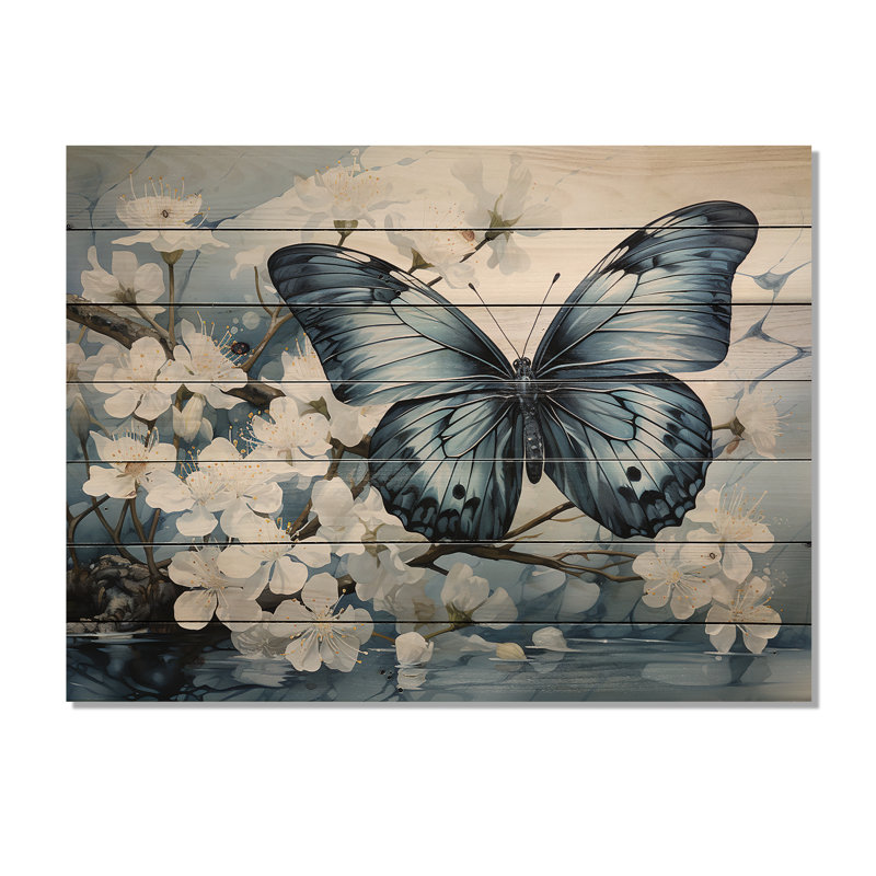 Impression de papillon bleu et blanc sur bois, H 24 po x l 32 po x P 0,78 po