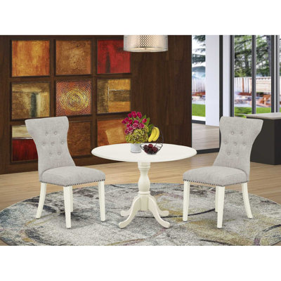 Ensemble de salle à manger 3 pièces pour petits espaces comprenant une table de salle à manger ronde avec Dropleaf et 2 chaises Parsons en tissu de peau de lin, 42 x 42 pouces, blanc lin