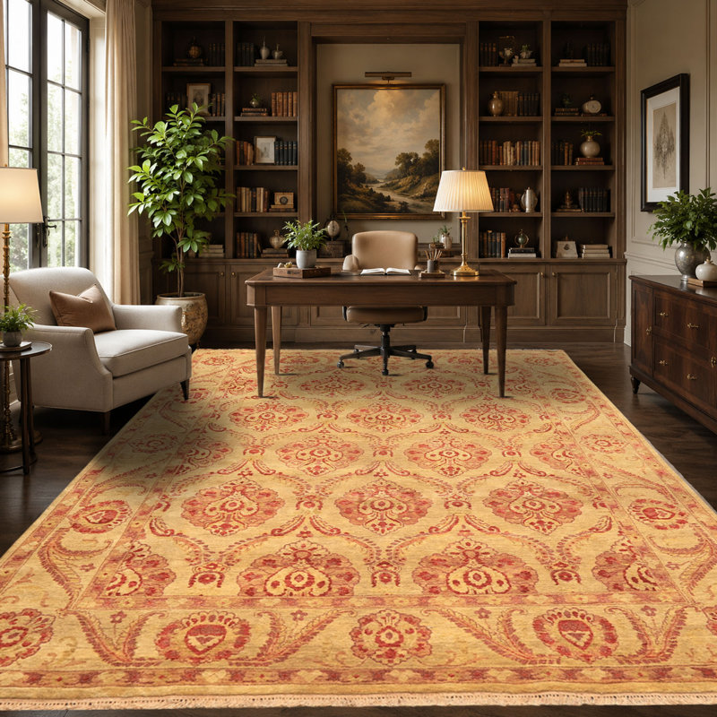 Tapis transitionnel rose en laine noué à la main 7 pi 8 po x 9 pi 9 po Oushak
