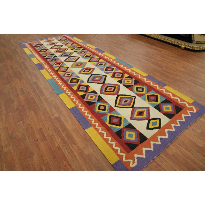 Tapis de couloir géométrique en laine à motif oriental kilim 5 x 14