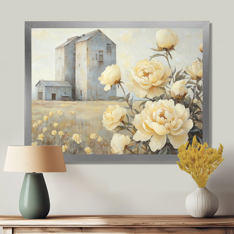«Donberg Farm Pe pivons By The Grain Silo I», art mural pivoines, Reproduction encadrée d'une seule photo, Argent argent