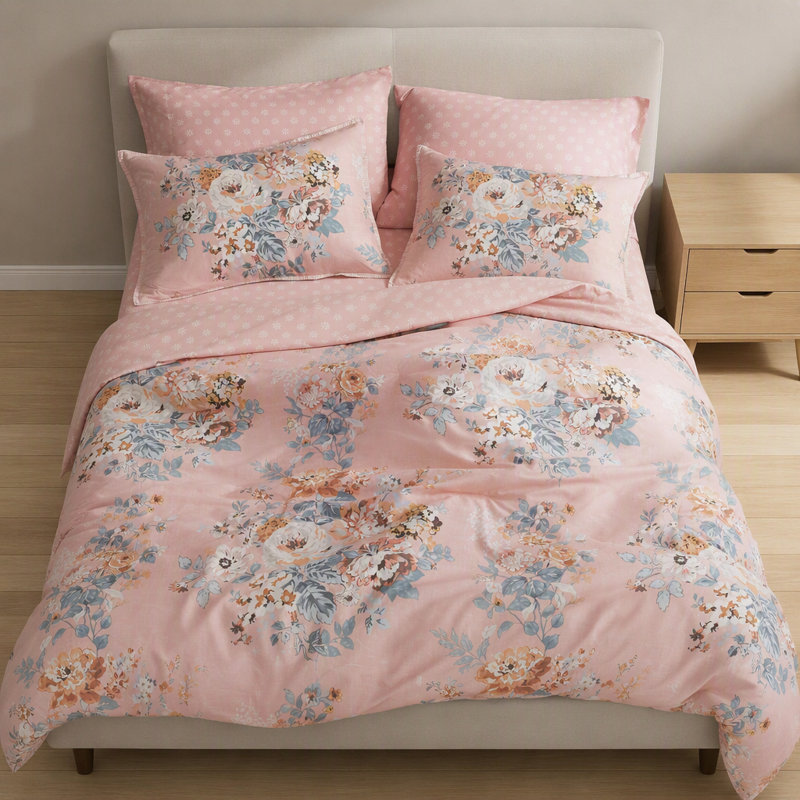 5 pièces de 5 pièces à motif floral inspiré du vin, rose, Édredon simple et 1 taie décorative, Motif floral multicolore rose