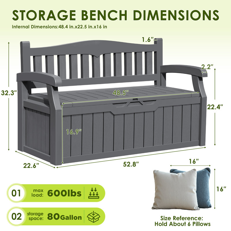 80 Gallon Storage Bench for Patio Furniture, Porch Decor and Outdoor Seating, Gray