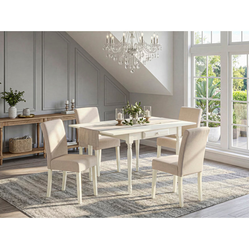 L'ensemble de mobilier de salle à manger 5 pièces comprend une table de salle à manger rectangulaire avec Dropleaf et 4 chaises rembourrées en tissu beige clair, 36 x 54 pouces, blanc lin