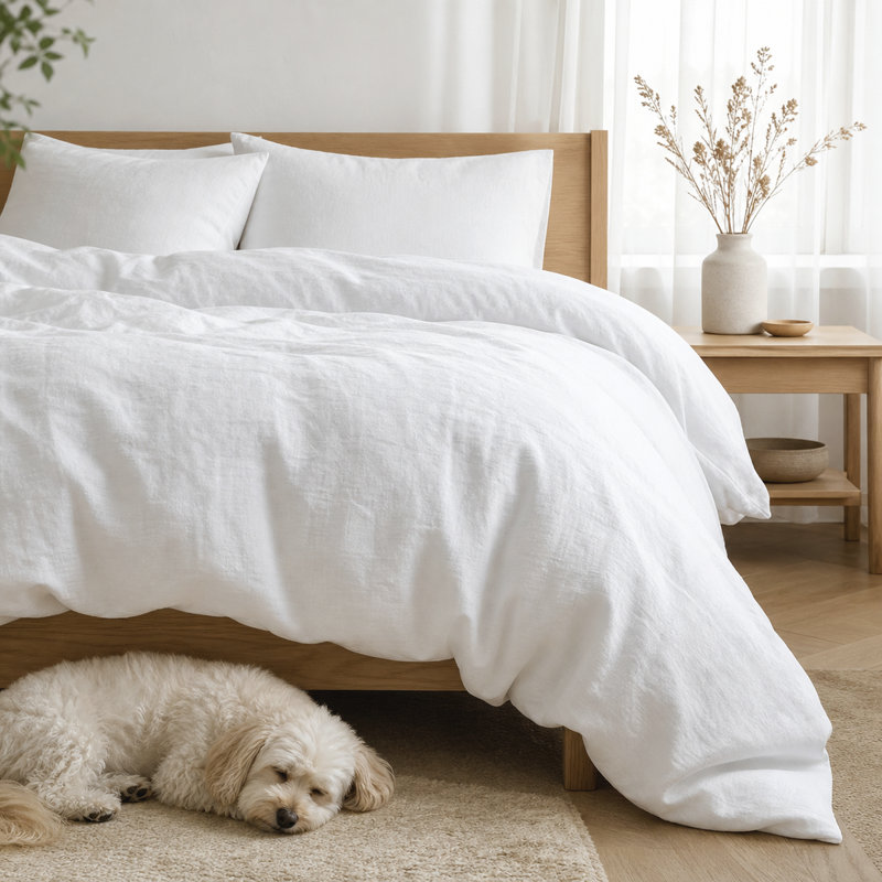 Ensemble de housse de couette 100% lin français naturel (plusieurs tailles et couleurs), Blanc cassé / blanc