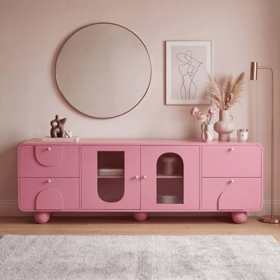 Buffet bas, armoire moderne de 24 po avec portes et tiroirs en verre cannelé, pieds sphériques mignons, armoire en bois pour le salon ou le vestibule