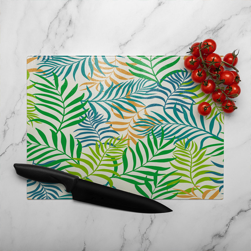 Tropical Palm Leaves Designer Glass Chopping Board, 40cm L x 28cm W