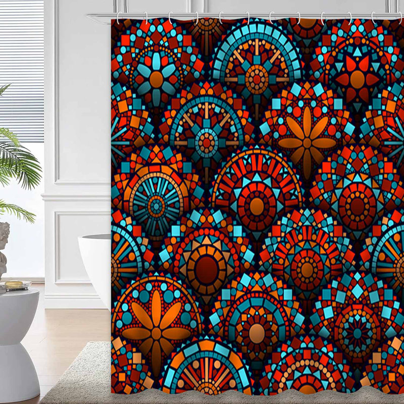Rideau de douche à motif géométrique coloré rouge et bleu avec 12 crochets, L 72 po x l 84 po