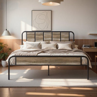 Kempst Full Size Bed Frame with Wood Headboard and Footboard, Industrial Rustic Full Metal Platform Bed with Heavy-duty Slats Support, No Box Spring Needed, Slate Gray