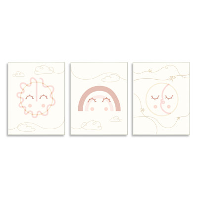 Mignon céleste Doodle Sun Moon Stars Smile Happy Face par Daphne Polselli - ensemble de 3 peintures