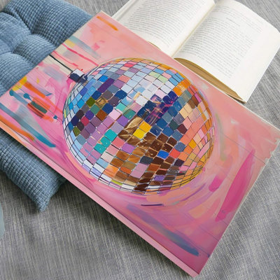 Décoration murale tendue sur toile boule rose disco tendance, affiche texturée boule de miroir argentée, impression de style BCBG rétro vintage, chariot de bar des années 70, décoration murale pour chambre de dortoir, encadré 24 x 36 po