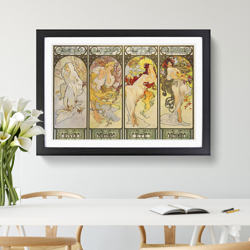 The Four Seasons by Alphonse Mucha - Picture Frame Painting on MDF, Black, 27cm H x 36cm W x 2cm D