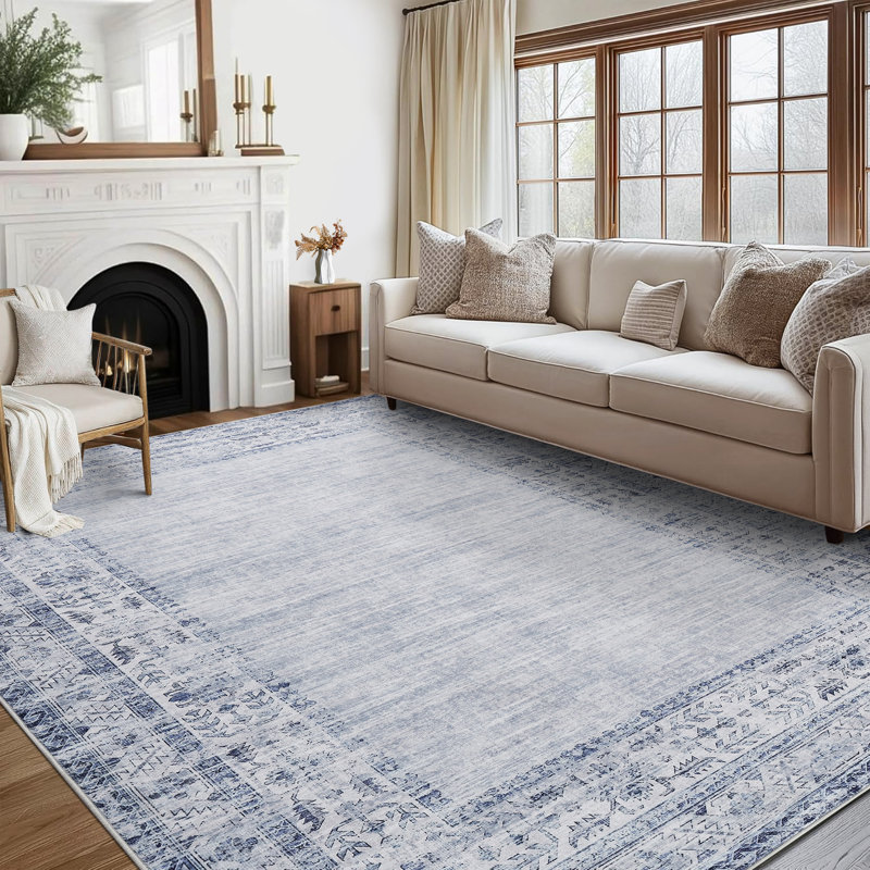 Machine Washable Rug for Living Room, Non-Slip Non-Shedding Rug, Low Pile Traditional Border Carpet, Indoor Foldable Floor Covering for Nursery, Bedroom, Dining Room