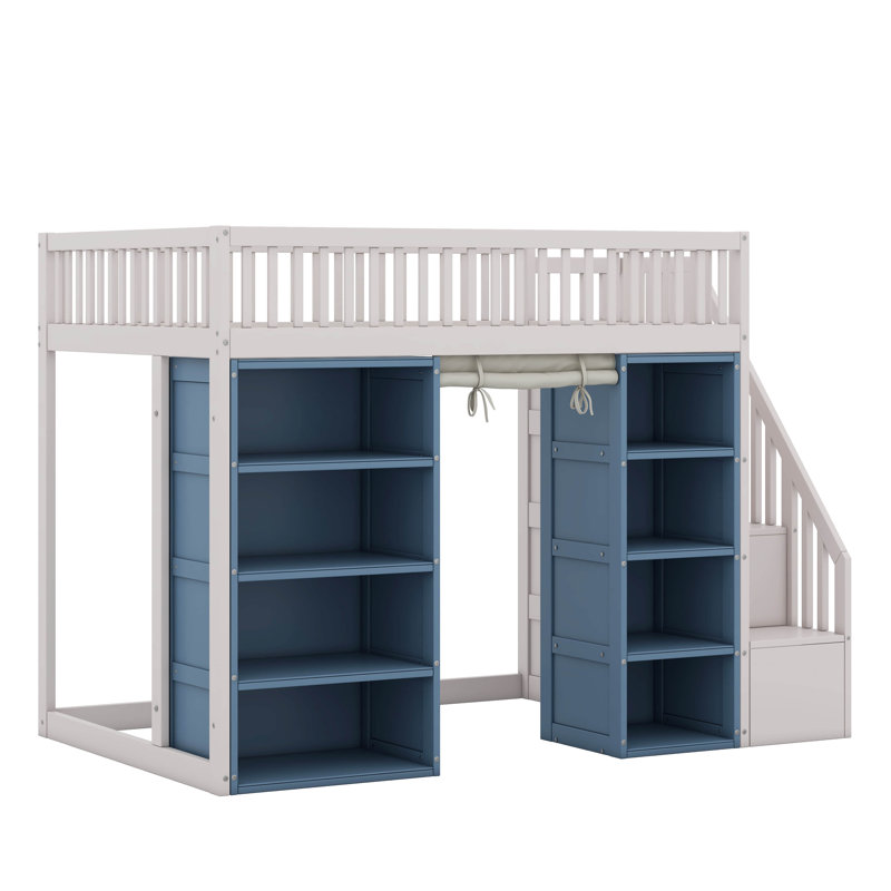 Lit mezzanine double avec 2 armoires de rangement à quatre couches et rideau