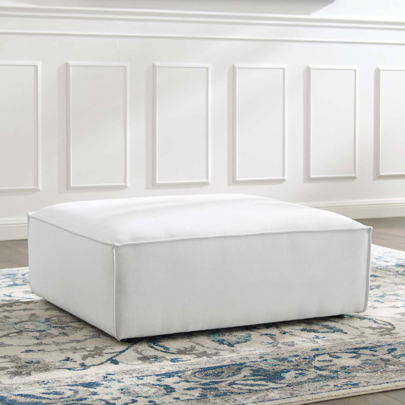 White Polyester Upholstered Round Ottoman