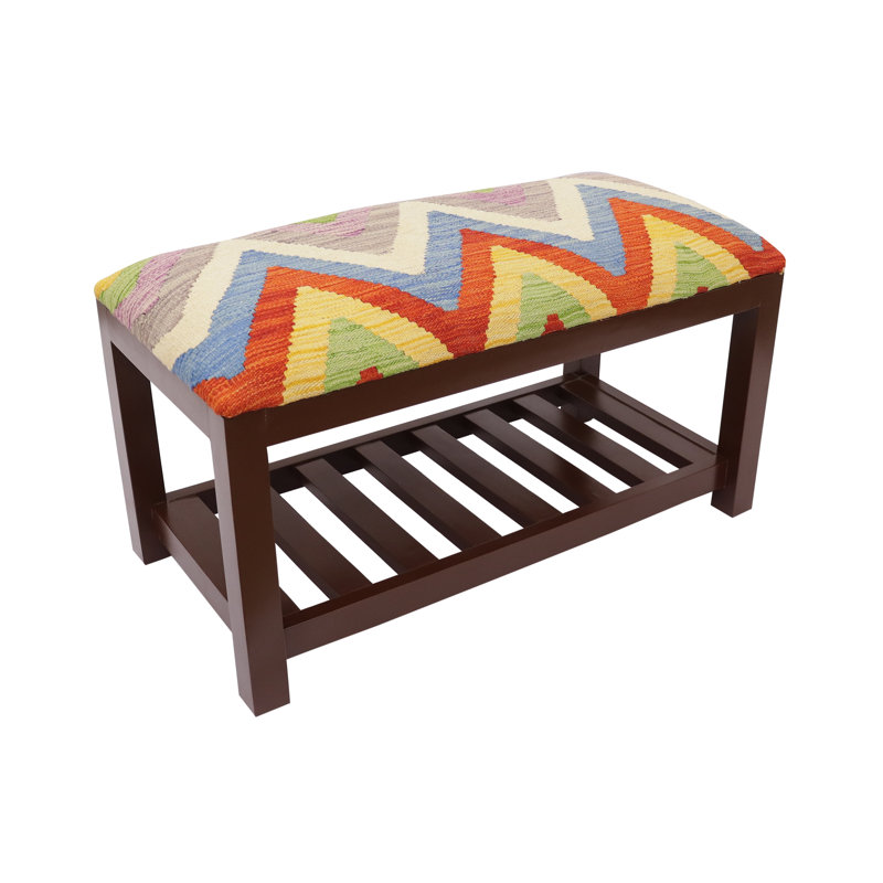 Banc de rangement rembourré avec tablettes, Rouille / bleu / chevron beige, H 20 po x l 36 po x P 18 po