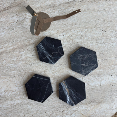 Black Marble Coaster With Leather Holder