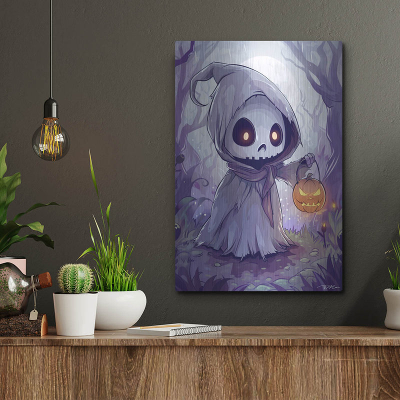 Art mural en métal luxueux «Small Skeleton With Lantern Pumpkin» par Momart, H 16 po x l 12 po