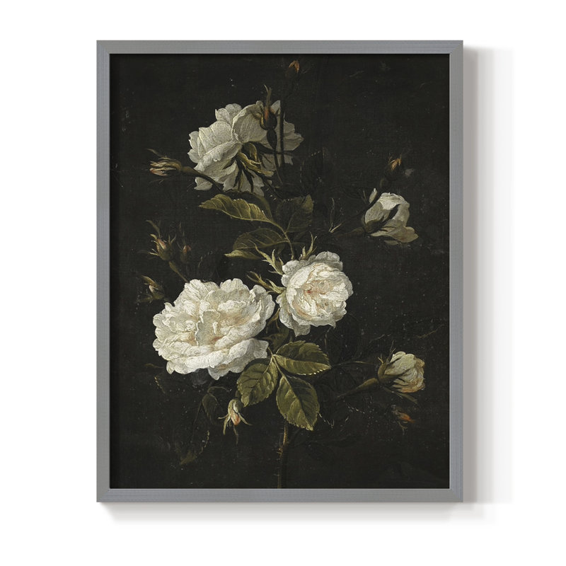 Impression florale rétro I, reproduction encadrée - bois massif, H 15 po x l 12 po, Gris
