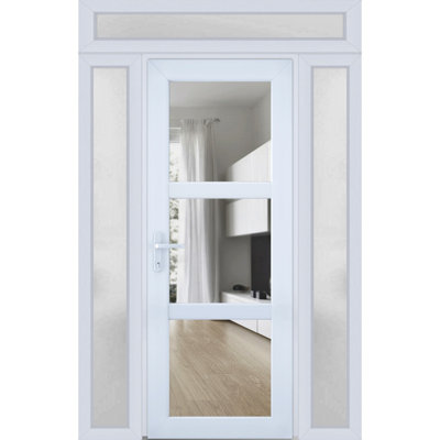 Front Exterior Prehung FiberGlass Door Clear Glass See-through / Manux 8555 White Silk Clear Glass / 2 Side Exterior Windows / Office Commercial and Residential Doors Entrance Patio Garage-W12+36+12" x H80"-Left-hand Inswing