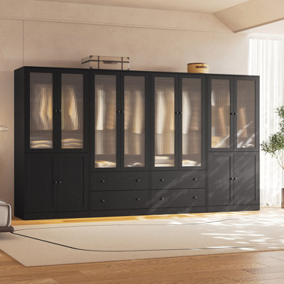 20"D x 126"W x 71"H Modern Armoire With Soft-Close Doors — Fluted Glass Wardrobe Closet With Shelves & Drawers by Latitude Run