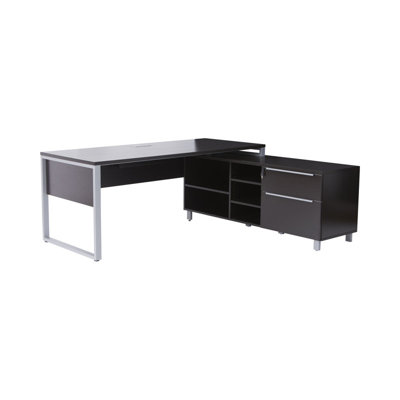 Aiste L-Shaped Metal Base Executive Desk with Power Outlet, Espresso