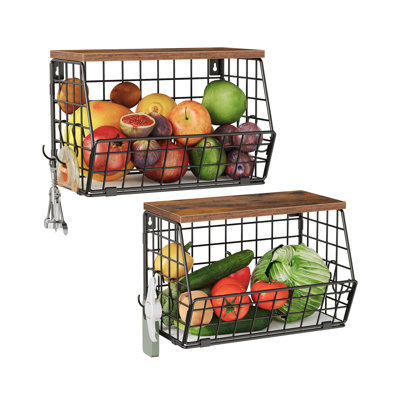 2-Pack Fruit Basket, Stackable Vegetable Baskets, Wall-Kitchen Counter Organizer, Kitchen Storage Basket With Rosa Hanger Hooks, Black